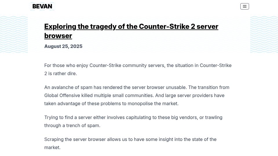 Screenshot of bphilip.uk: Exploring the tragedy of the Counter-Strike 2 server browser