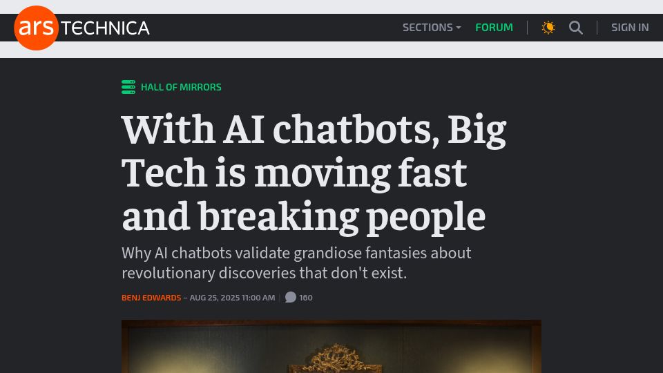 Screenshot of arstechnica.com: With AI chatbots, Big Tech is moving fast and breaking people