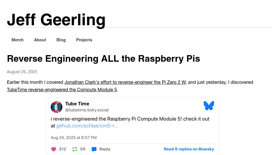 Screenshot of jeffgeerling.com: Reverse Engineering All the Raspberry Pis