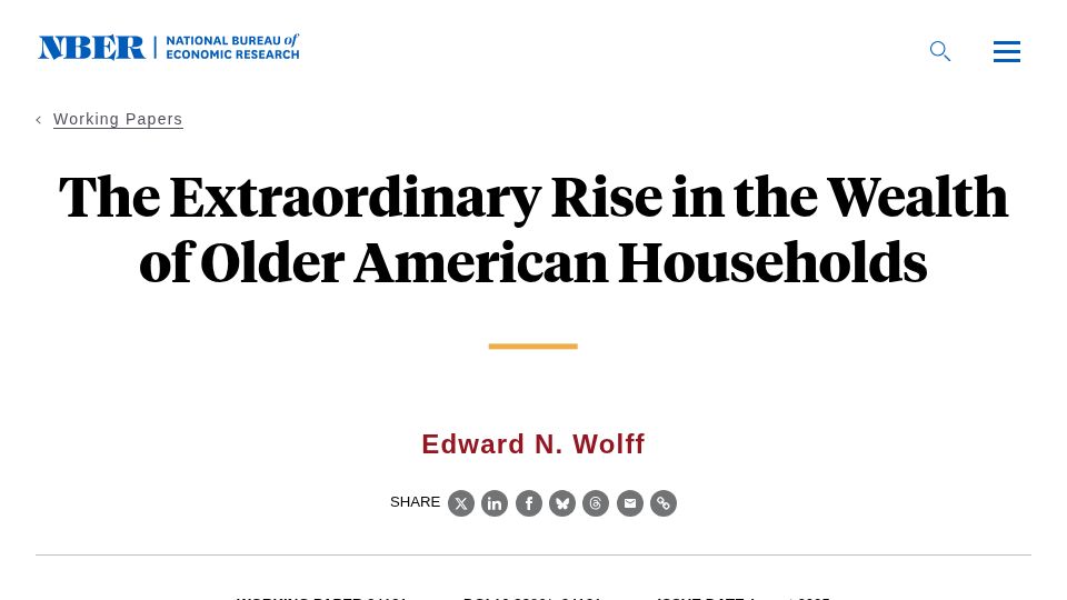 Screenshot of nber.org: The Extraordinary Rise in the Wealth of Older American Households