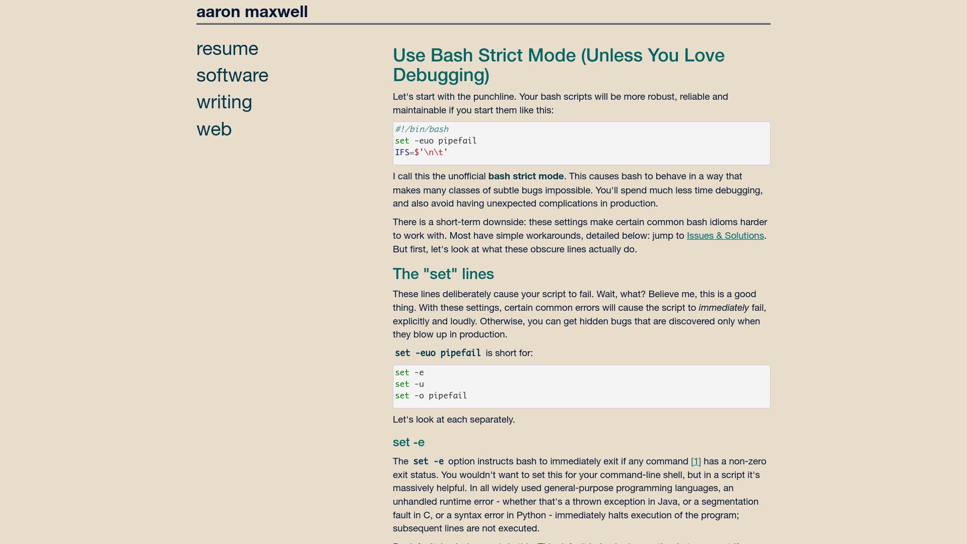 Screenshot of redsymbol.net: Bash Strict Mode (2014)