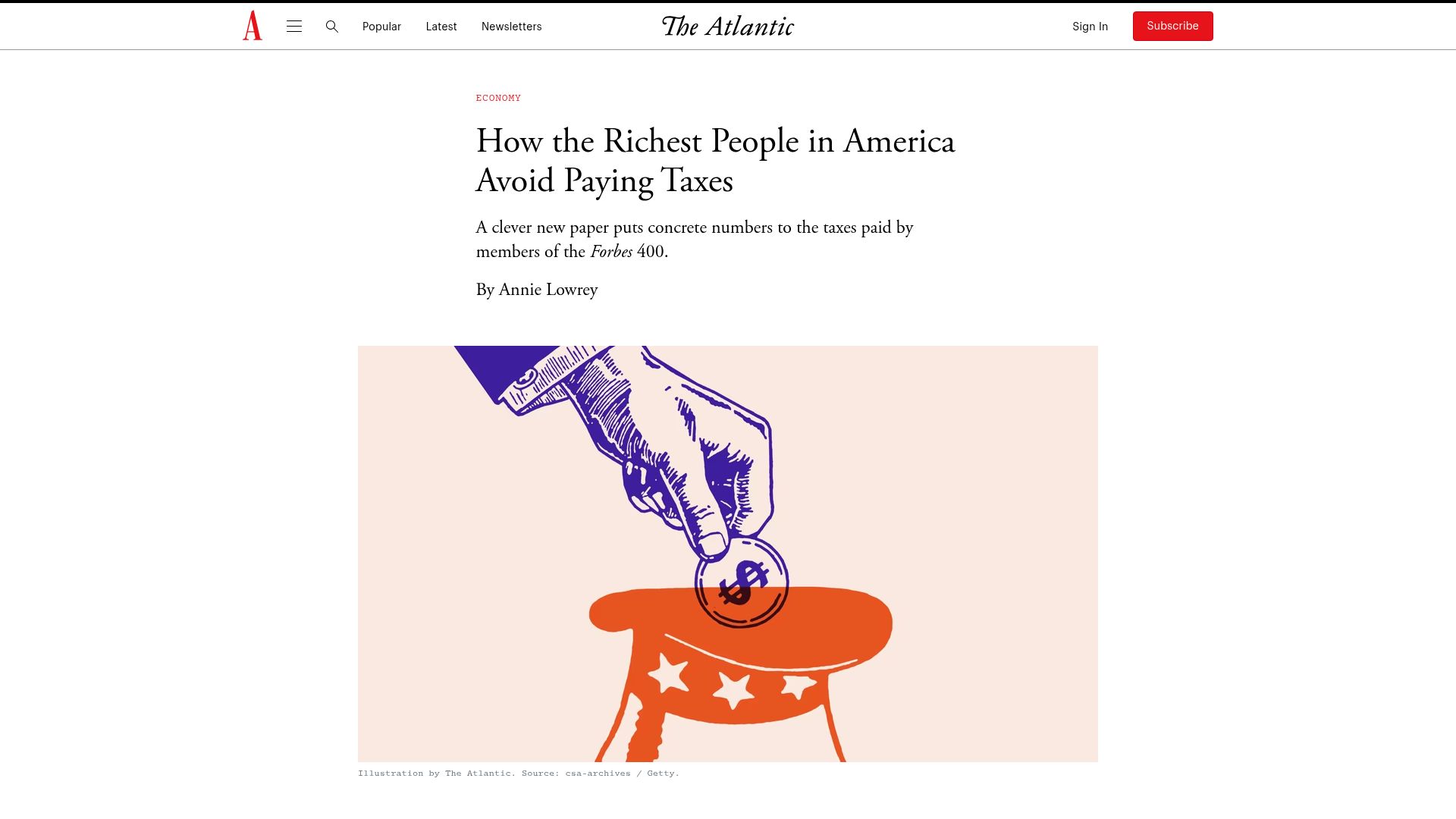 Screenshot of theatlantic.com: How the Richest People in America Avoid Paying Taxes