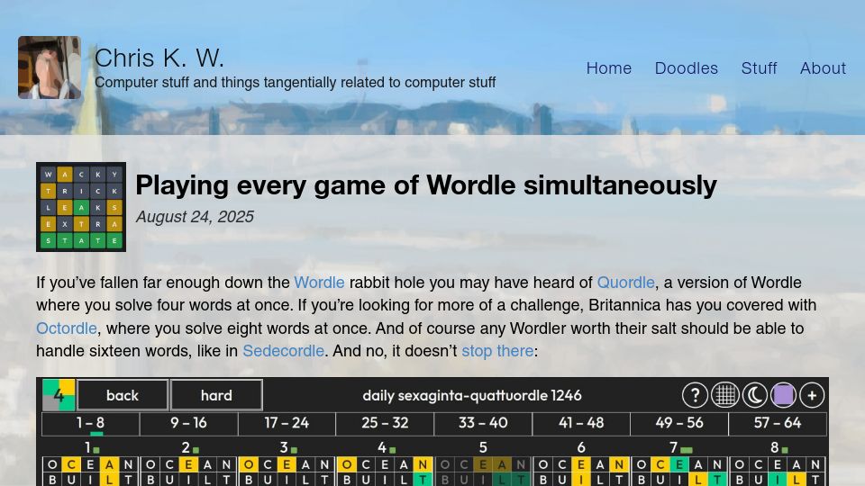 Screenshot of chriskw.xyz: Playing every game of Wordle simultaneously