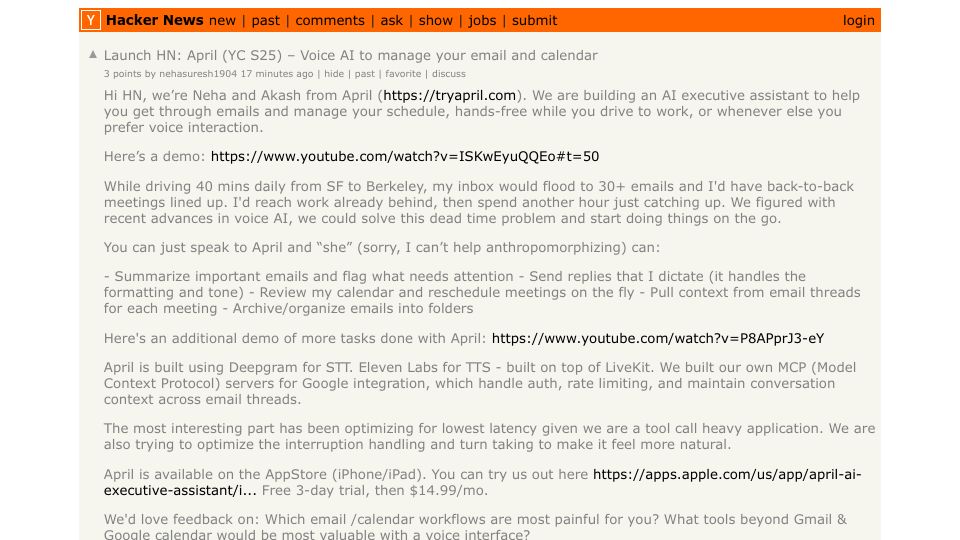 Screenshot of Hacker News post: Launch HN: April (YC S25) – Voice AI to manage your email and calendar