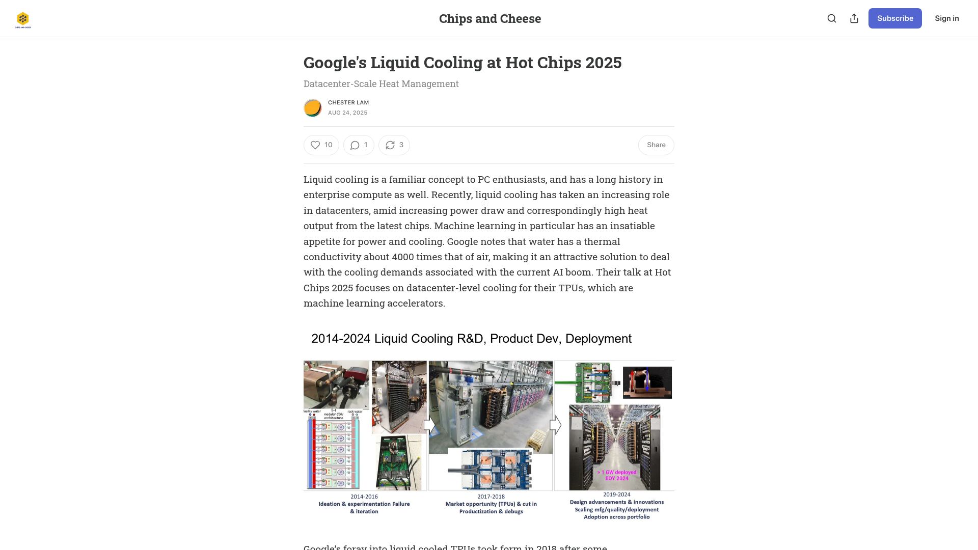 Screenshot of chipsandcheese.com: Google's Liquid Cooling