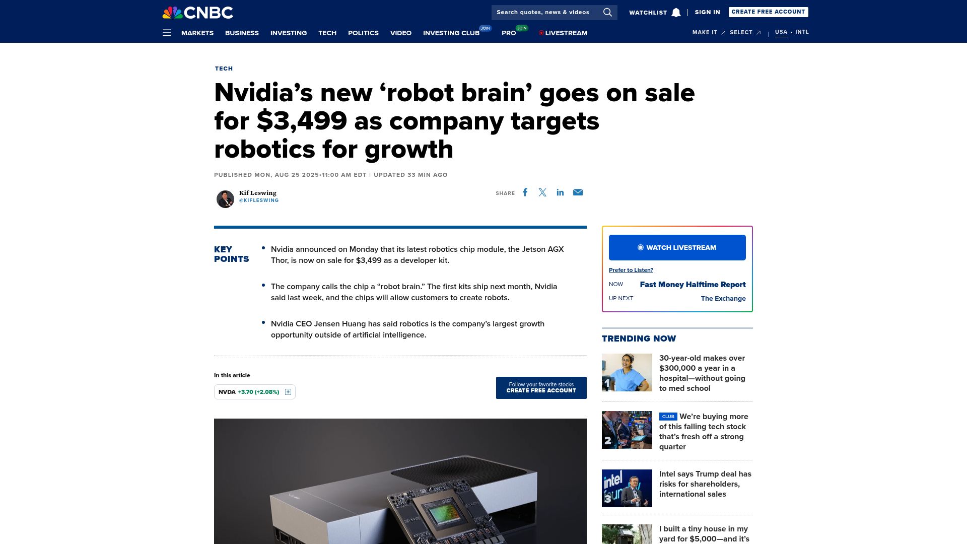 Screenshot of cnbc.com: Nvidia's new 'robot brain' goes on sale for $3,499