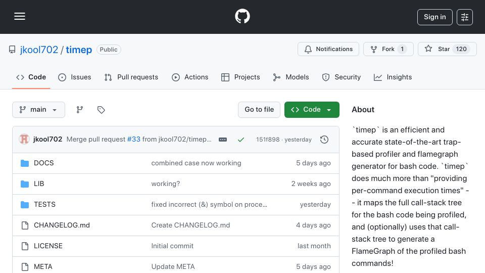 Screenshot of github.com: Show HN: Timep – A next-gen profiler and flamegraph-generator for bash code