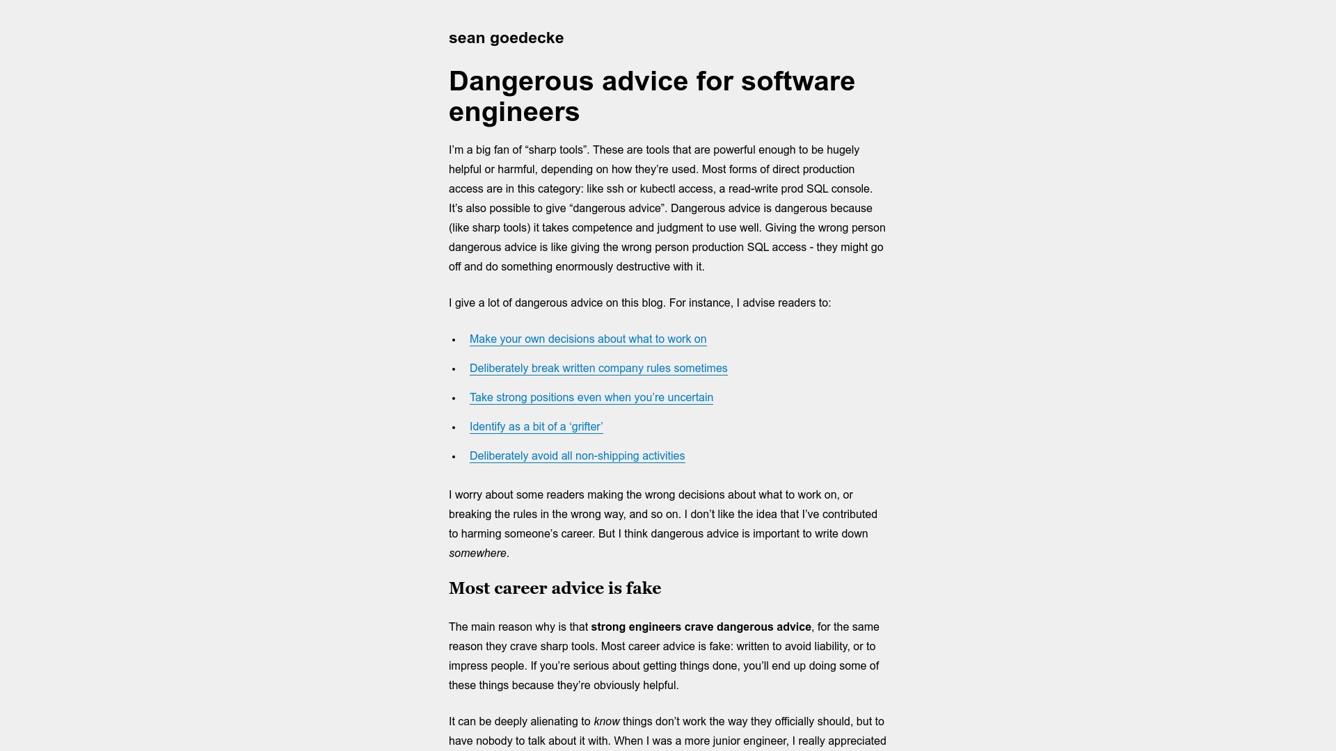 Screenshot of seangoedecke.com: Dangerous Advice for Software Engineers