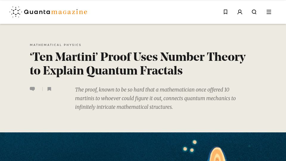 Screenshot of quantamagazine.org: 'Ten Martini' Proof Uses Number Theory to Explain Quantum Fractals