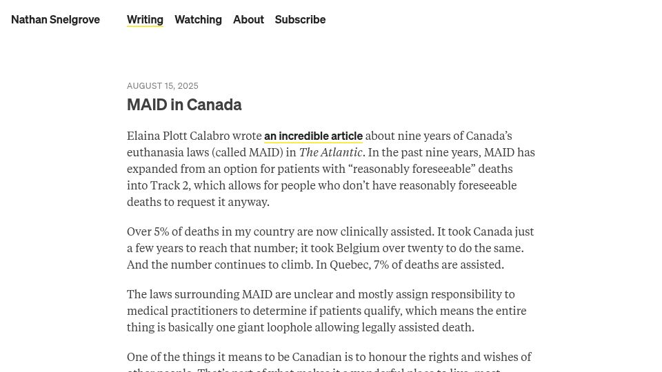 Screenshot of nathansnelgrove.com: MAID in Canada