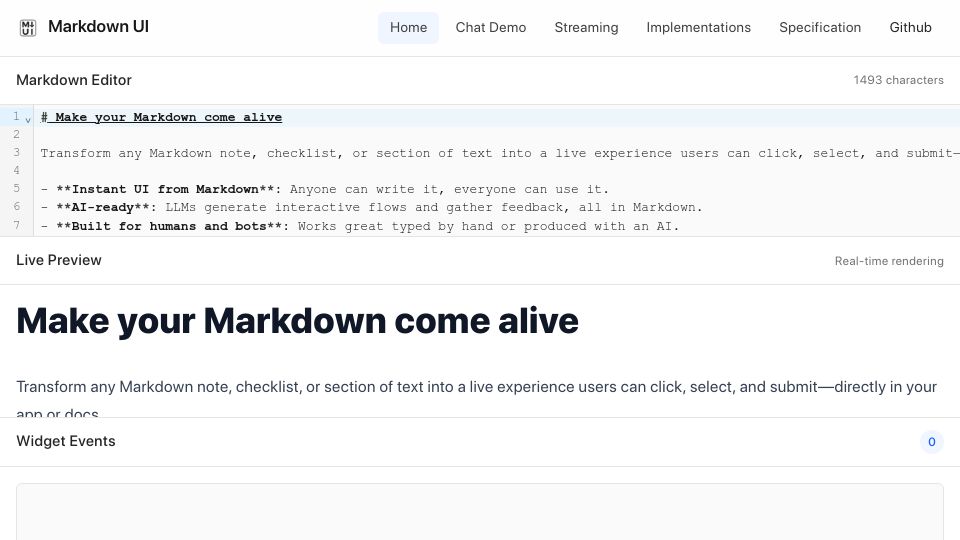 Screenshot of markdown-ui.com: Show HN: Turn Markdown into React/Svelte/Vue UI at runtime, zero build step