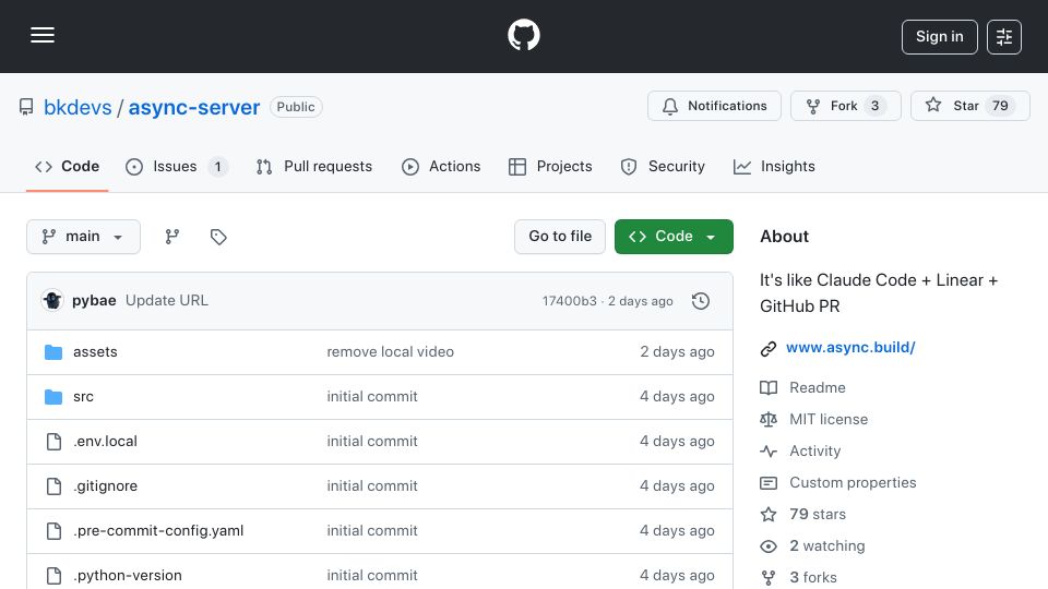 Screenshot of github.com: Show HN: Async – Claude code and Linear and GitHub PRs in one opinionated tool