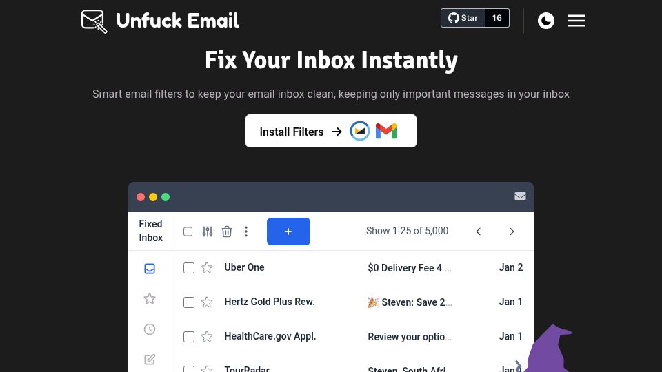 Screenshot of unfuck.email: Show HN: Smart email filters to unfuck your email