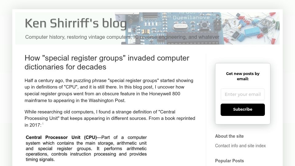 Screenshot of righto.com: "Special register groups" invaded computer dictionaries for decades (2019)