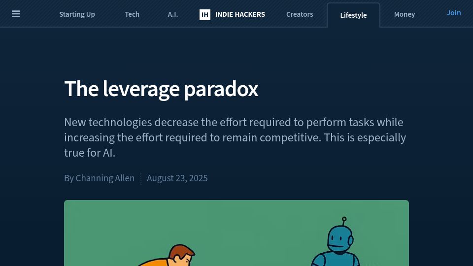 Screenshot of indiehackers.com: The Leverage Paradox in AI