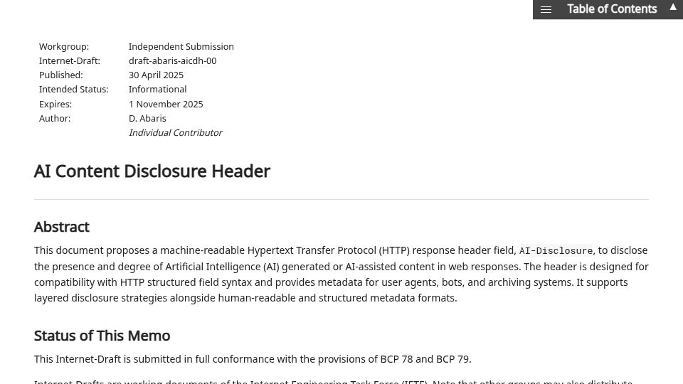Screenshot of ietf.org: Proposal: AI Content Disclosure Header