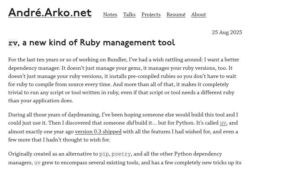 Screenshot of andre.arko.net: Rv, a new kind of Ruby management tool