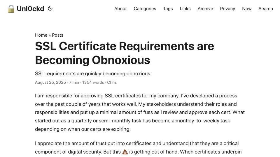 Screenshot of chrislockard.net: SSL certificate requirements are becoming obnoxious