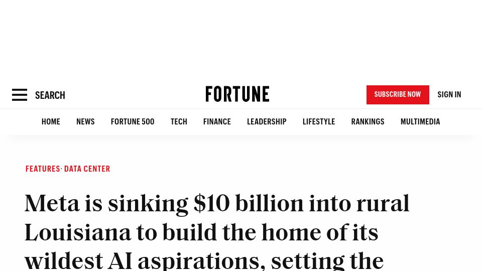 Screenshot of fortune.com: Meta is spending $10B in rural Louisiana to build its largest data center