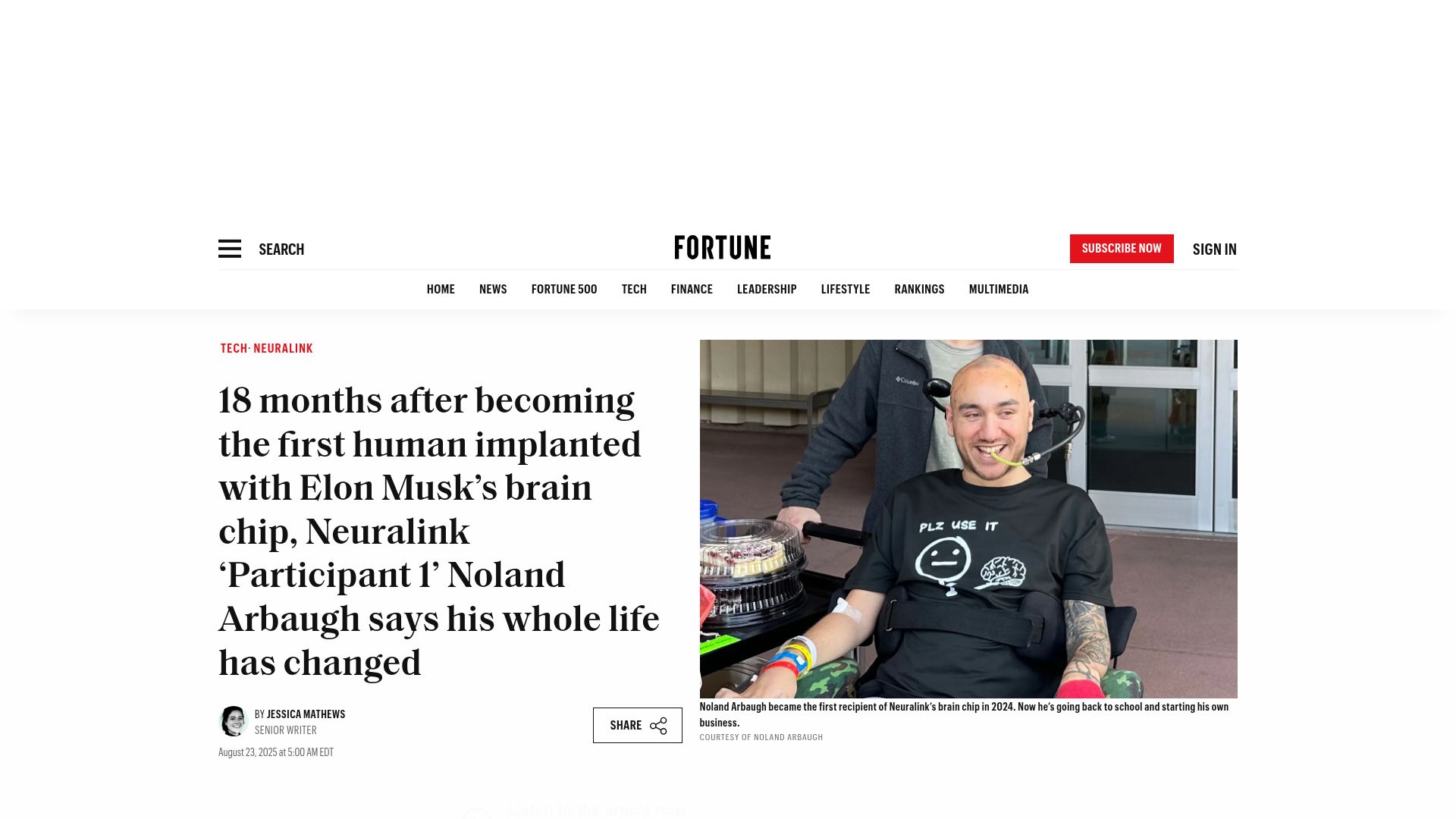 Screenshot of fortune.com: Neuralink 'Participant 1' says his life has changed