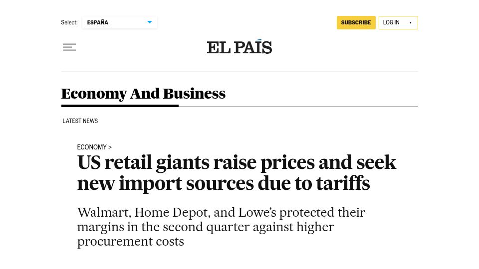 Screenshot of english.elpais.com: US retail giants raise prices due to tariffs