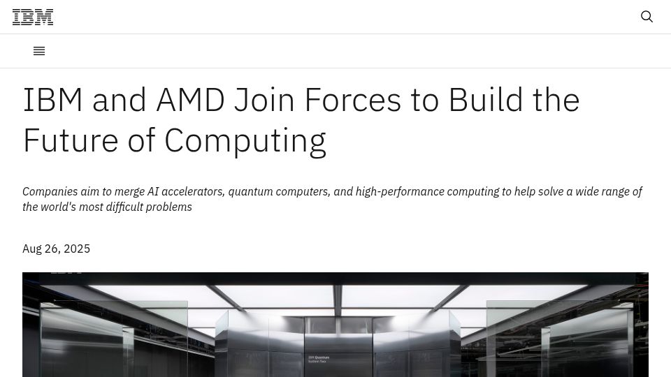 Screenshot of newsroom.ibm.com: IBM and AMD to work on quantum-centric supercomputing