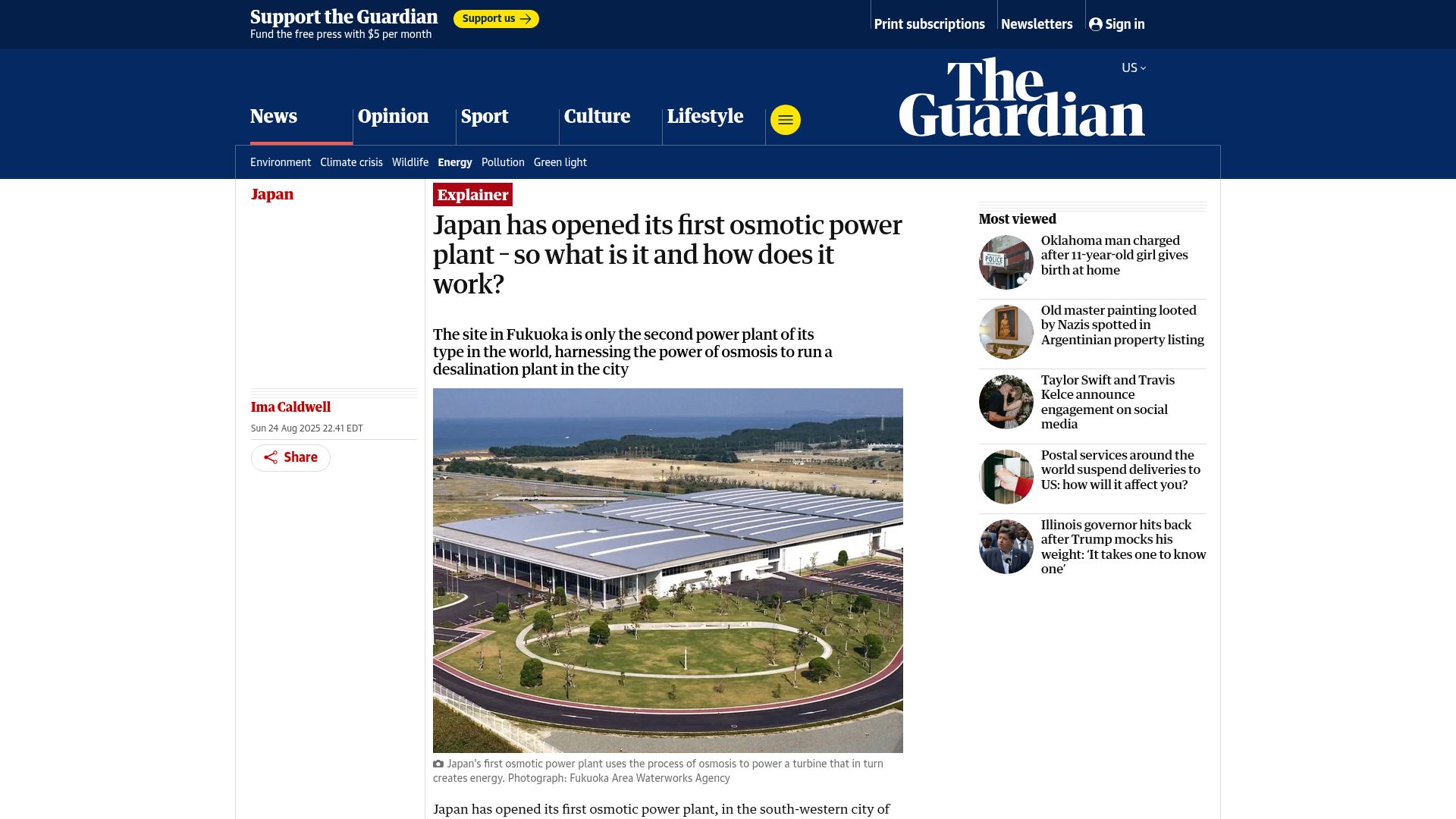 Screenshot of theguardian.com: Japan has opened its first osmotic power plant