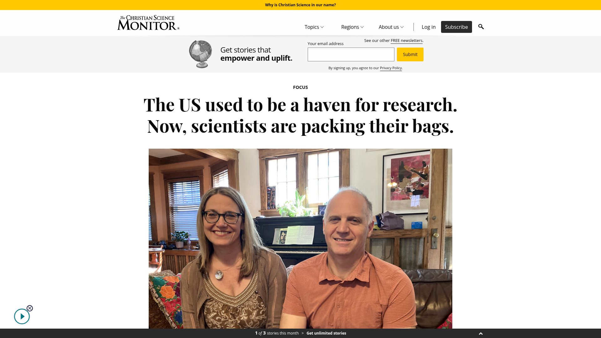 Screenshot of csmonitor.com: The US used to be a haven for research. Now, scientists are packing their bags