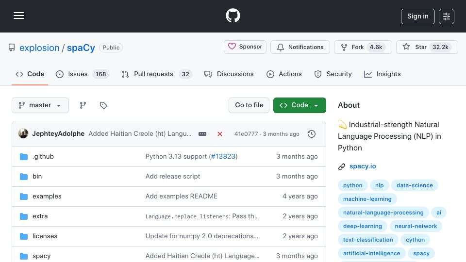Screenshot of github.com: SpaCy: Industrial-Strength Natural Language Processing (NLP) in Python