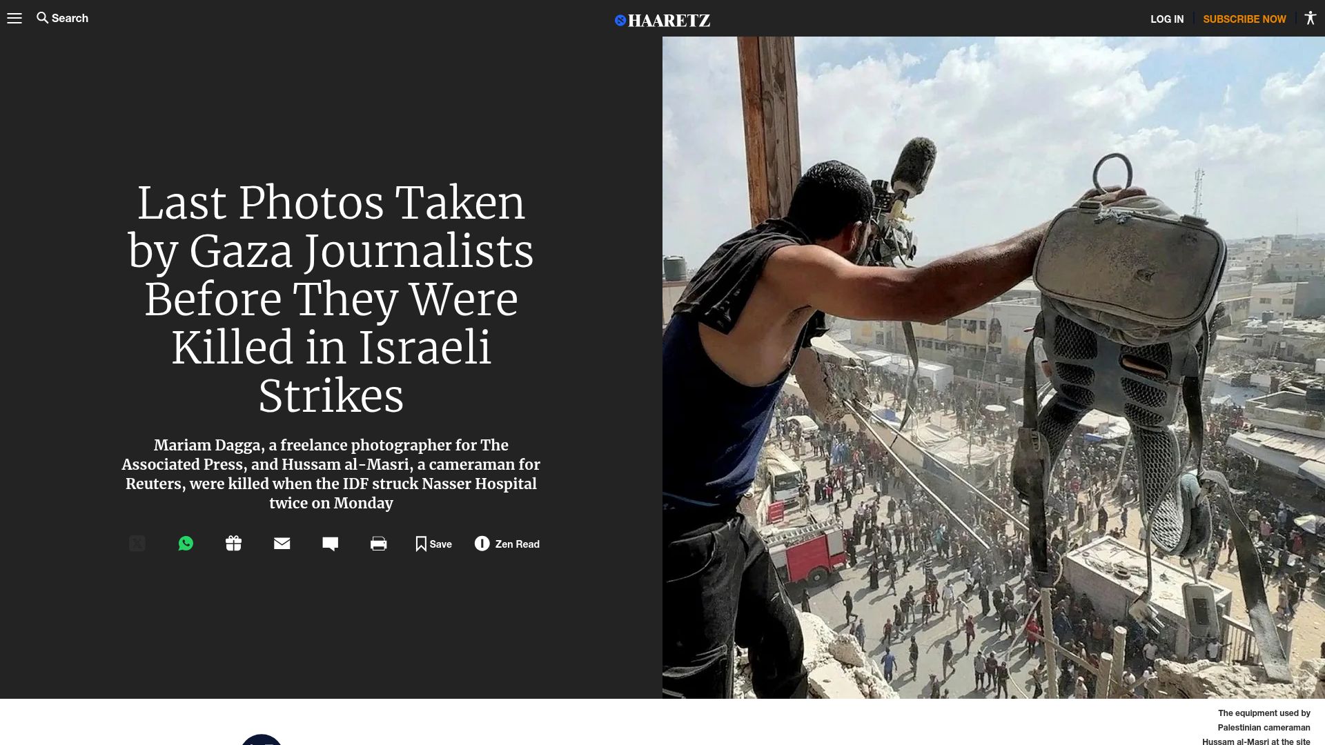 Screenshot of haaretz.com: Last Photos Taken by Gaza Journalists Before They Were Killed in Israeli Strikes
