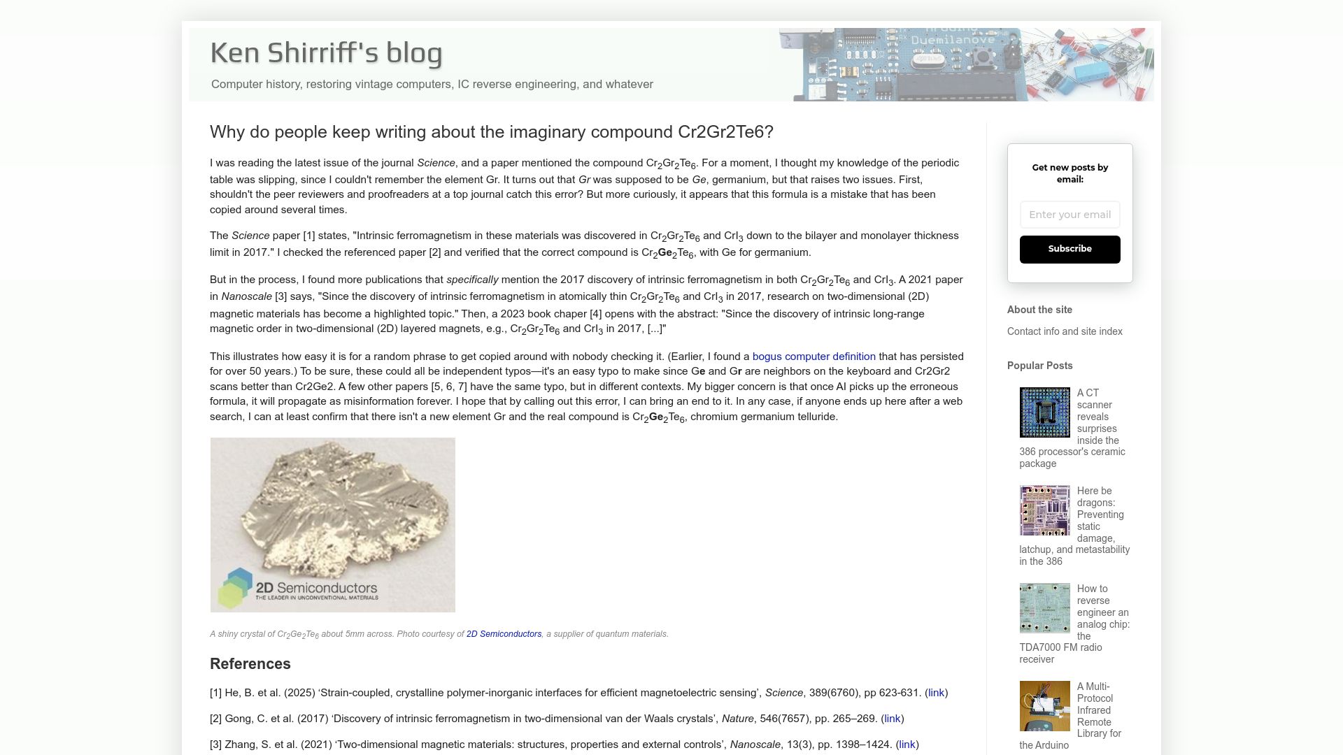 Screenshot of righto.com: Why do people keep writing about the imaginary compound Cr2Gr2Te6?