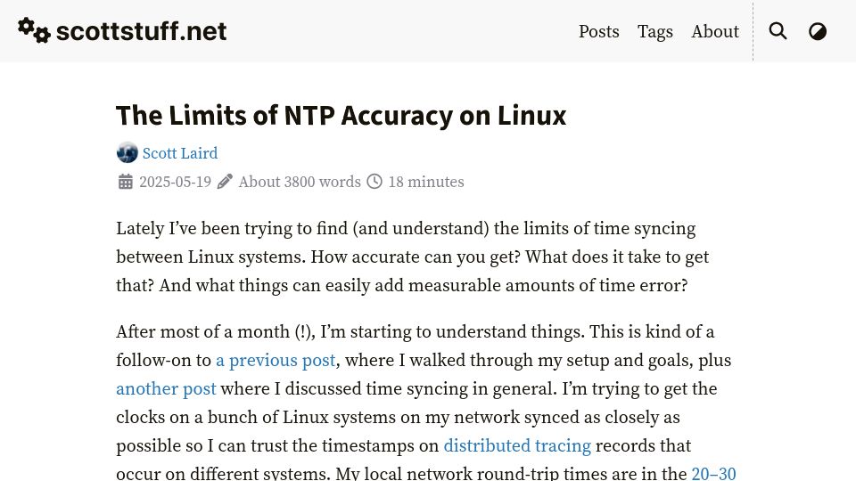 Screenshot of scottstuff.net: The Limits of NTP Accuracy on Linux