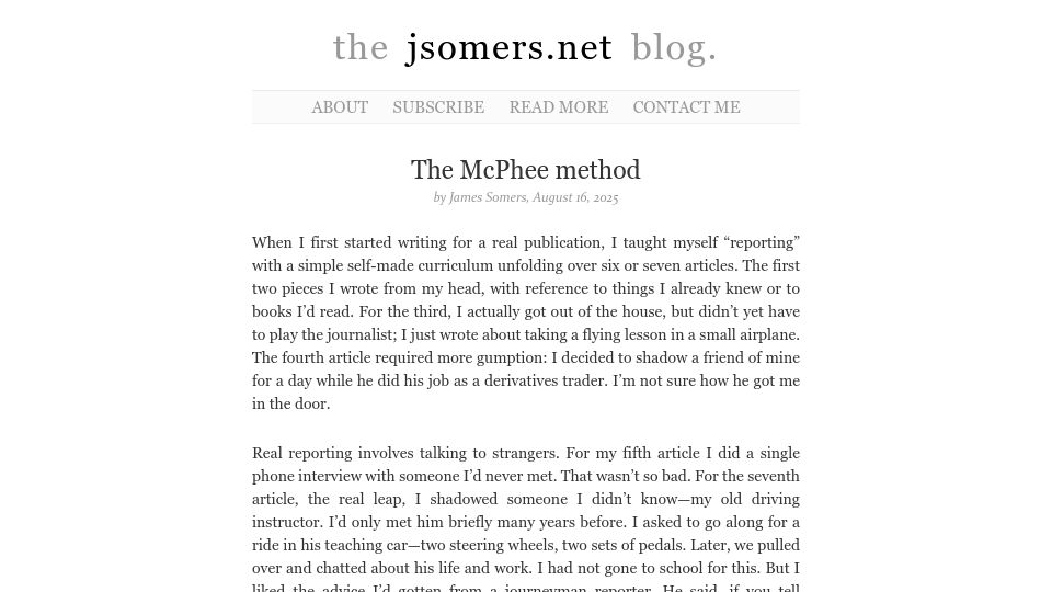 Screenshot of jsomers.net: The McPhee method for writing deeply reported nonfiction
