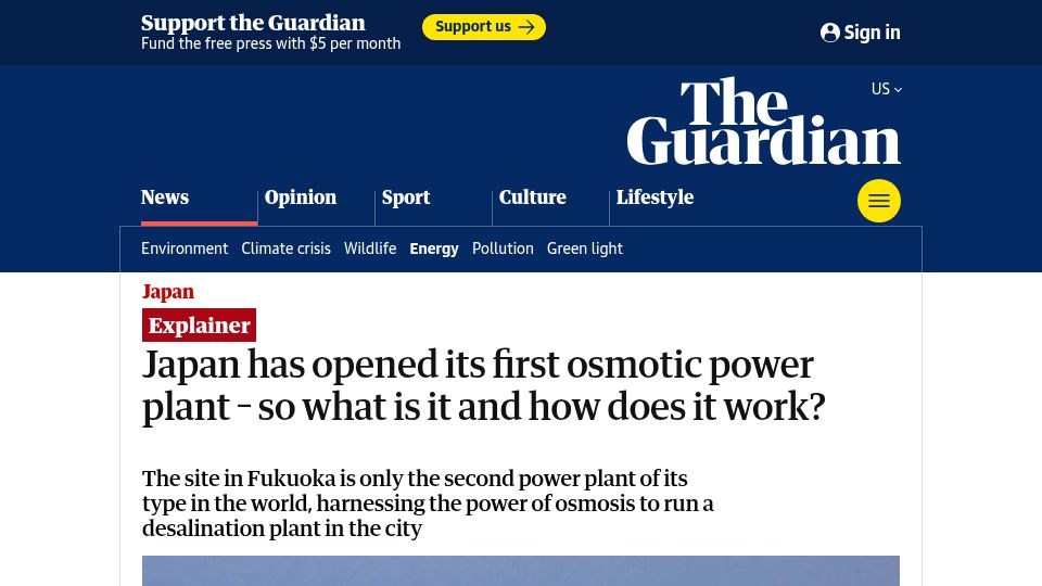 Screenshot of theguardian.com: Japan has opened its first osmotic power plant