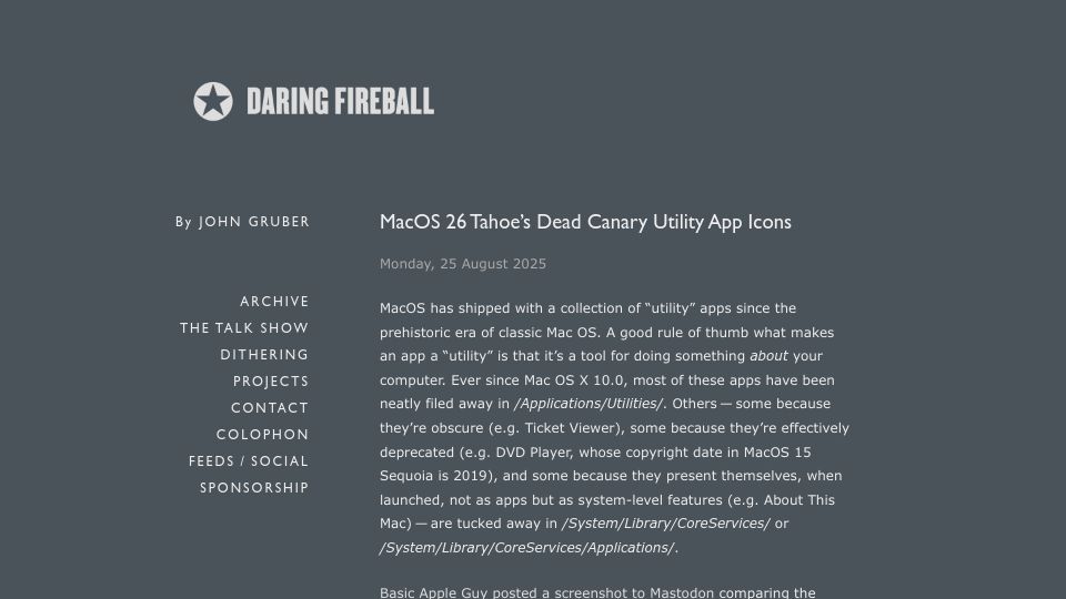 Screenshot of daringfireball.net: macOS 26 Tahoe's Dead Canary Utility App Icons