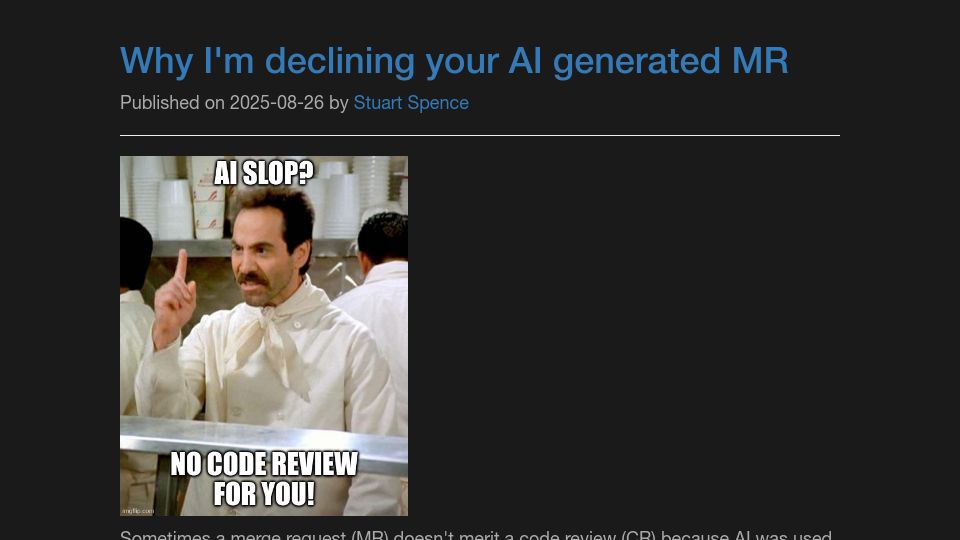 Screenshot of blog.stuartspence.ca: Why I'm declining your AI generated MR