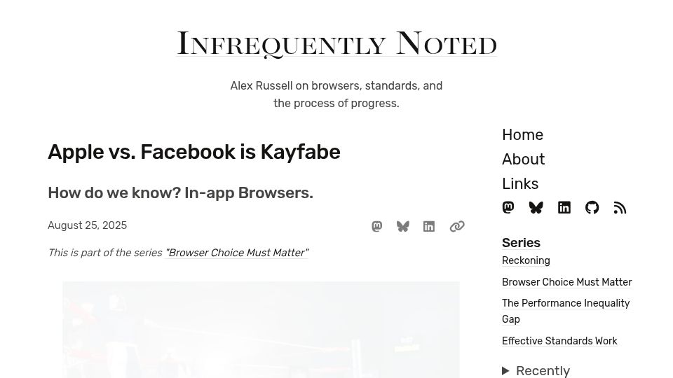Screenshot of infrequently.org: Apple vs. Facebook Is Kayfabe