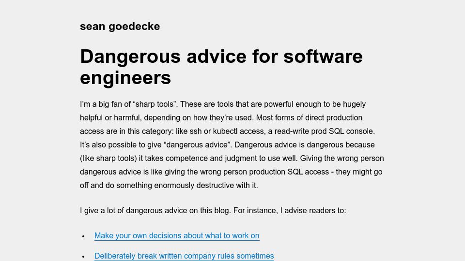 Screenshot of seangoedecke.com: Dangerous Advice for Software Engineers