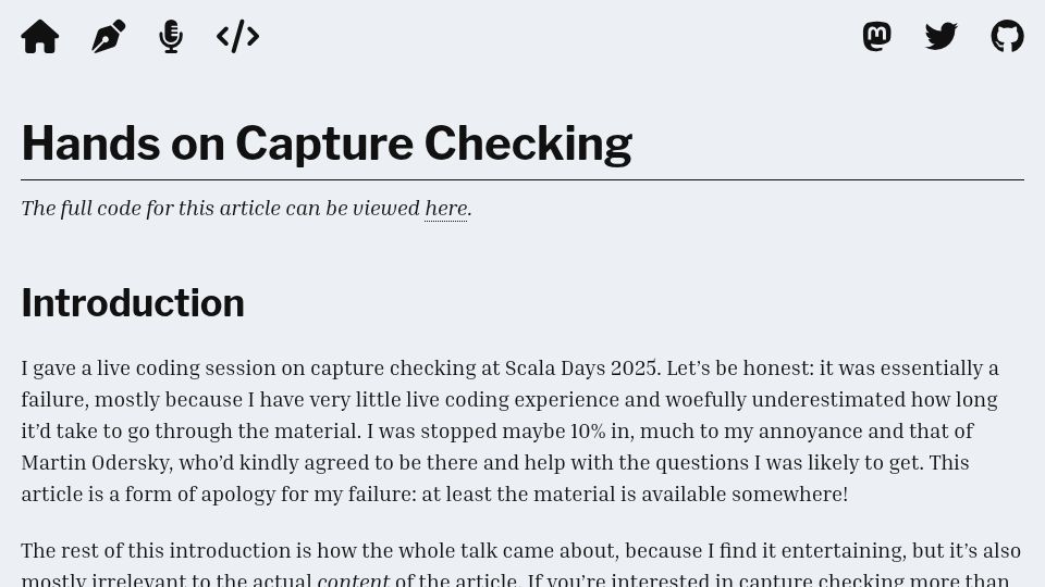 Screenshot of nrinaudo.github.io: Capture Checking in Scala