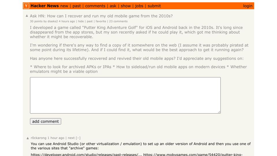 Screenshot of Hacker News post: Ask HN: How can I recover and run my old mobile game from the 2010s?
