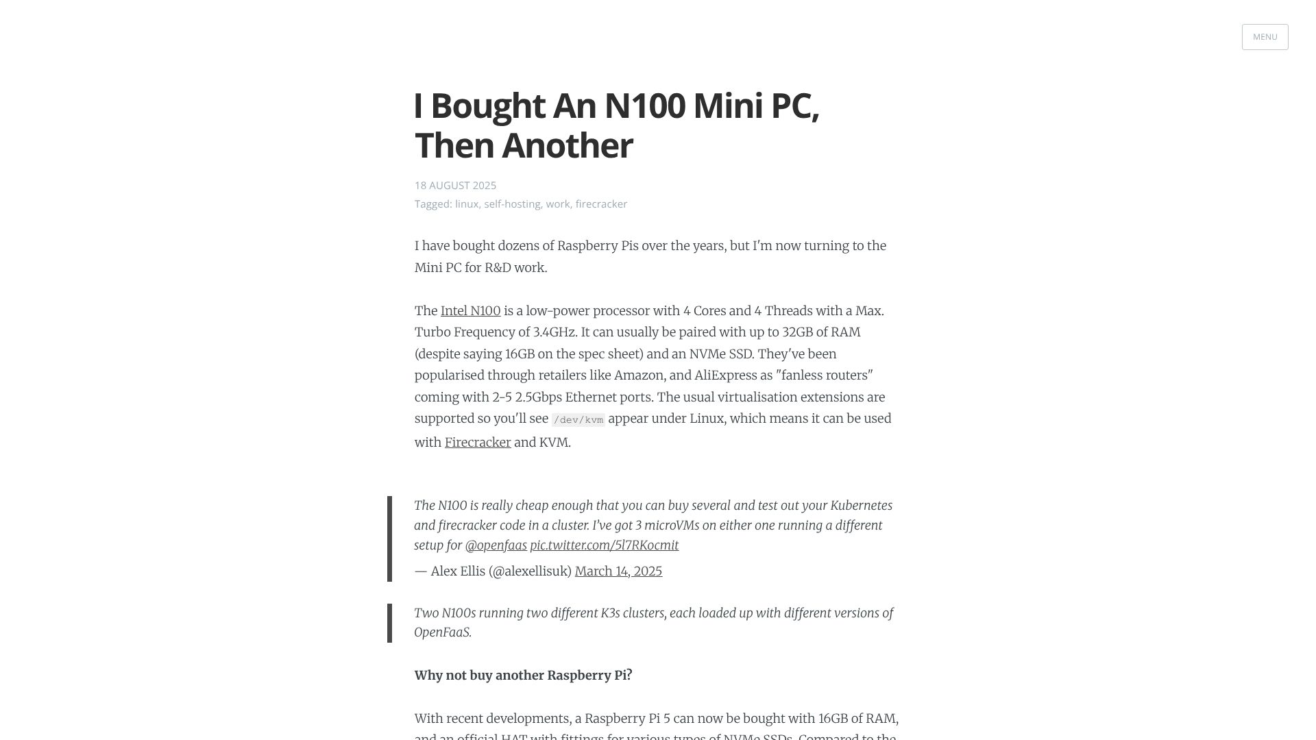 Screenshot of blog.alexellis.io: I Bought an N100 Mini PC, Then Another