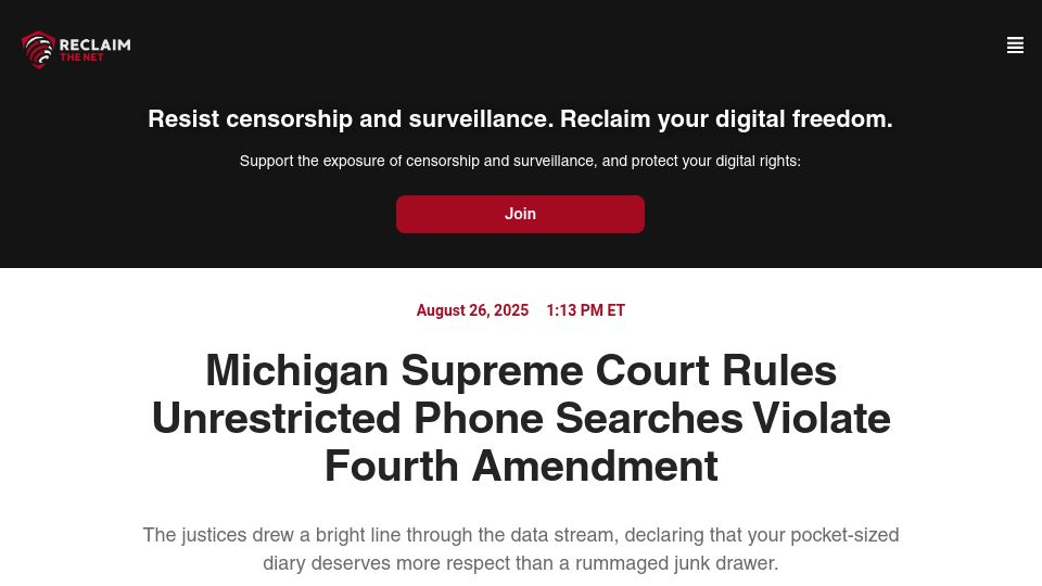 Screenshot of reclaimthenet.org: Michigan Supreme Court: Unrestricted phone searches violate Fourth Amendment
