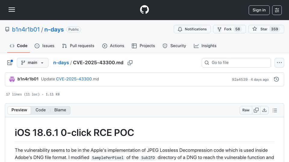 Screenshot of github.com: iOS 18.6.1 0-click RCE POC