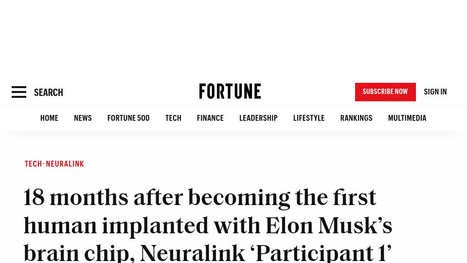 Screenshot of fortune.com: Neuralink 'Participant 1' says his life has changed