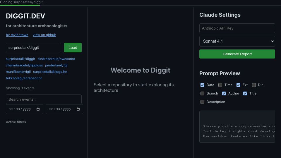 Screenshot of diggit.dev: Show HN: Diggit.dev – Git history for architecture archaeologists
