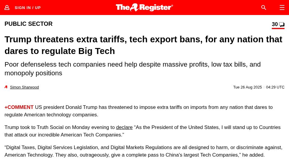 Screenshot of theregister.com: US threatens extra tariffs, export bans, for nations that regulate Big Tech