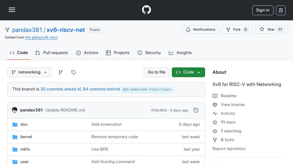 Screenshot of github.com: Show HN: I integrated my from-scratch TCP/IP stack into the xv6-riscv OS