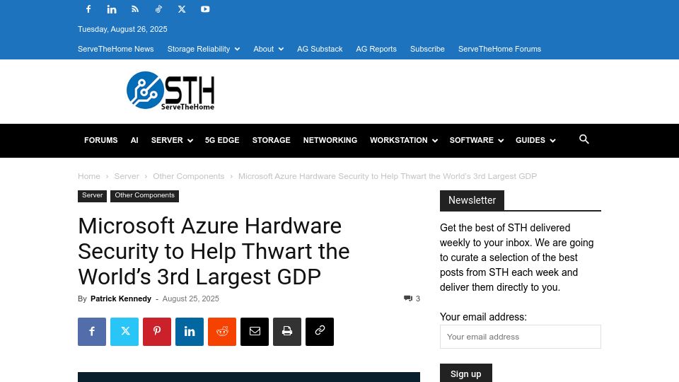 Screenshot of servethehome.com: Microsoft Azure Hardware Security to Help Thwart the 3rd Largest GDP