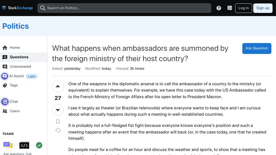 Screenshot of politics.stackexchange.com: What happens when ambassadors are summoned by the host country?