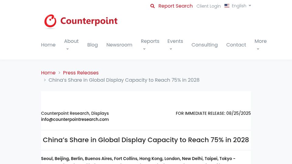 Screenshot of display.counterpointresearch.com: China's Share in Global Display Capacity to Reach 75% in 2028